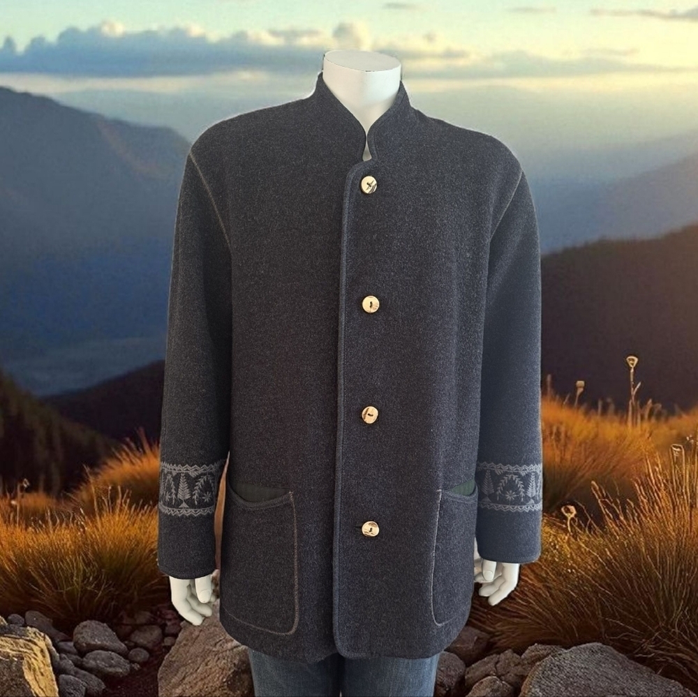 Schneiders Vintage Dark Gray Wool Button-Up Men's Jacket embroidered sleeve Coat